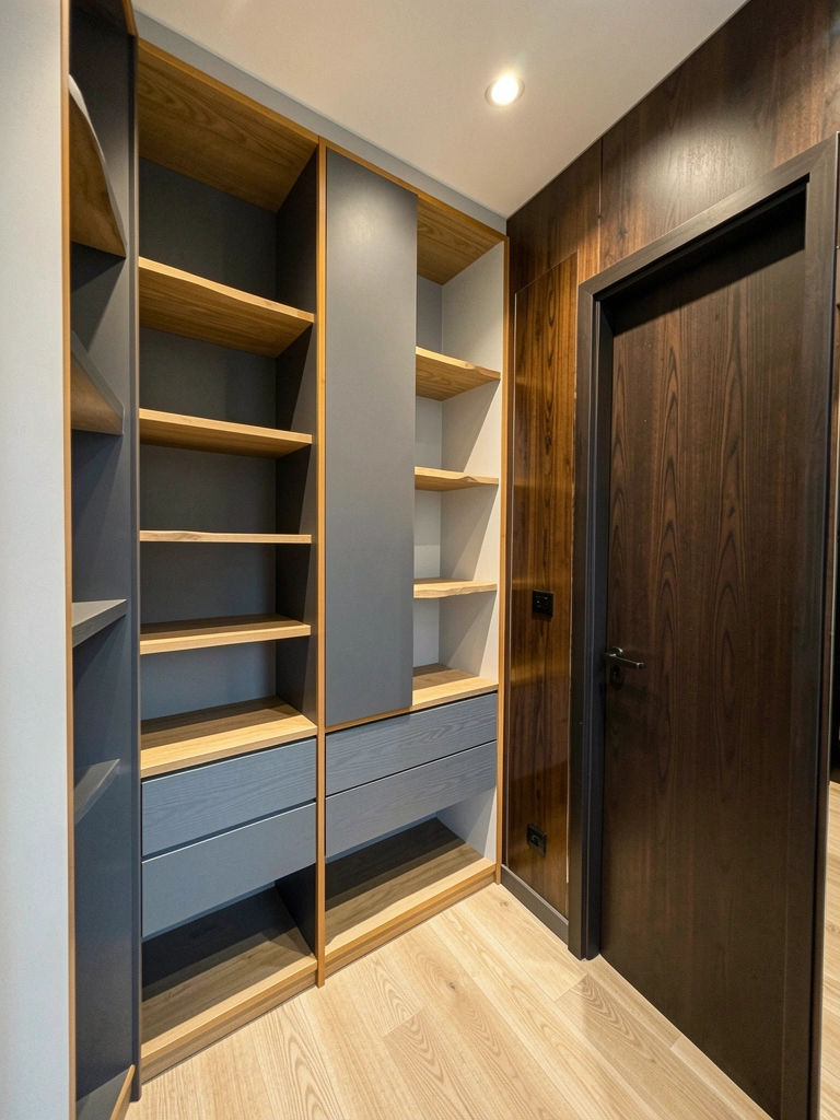 Closet de madeira com prateleiras e cabides, iluminado por luz quente que destaca os tecidos pendurados