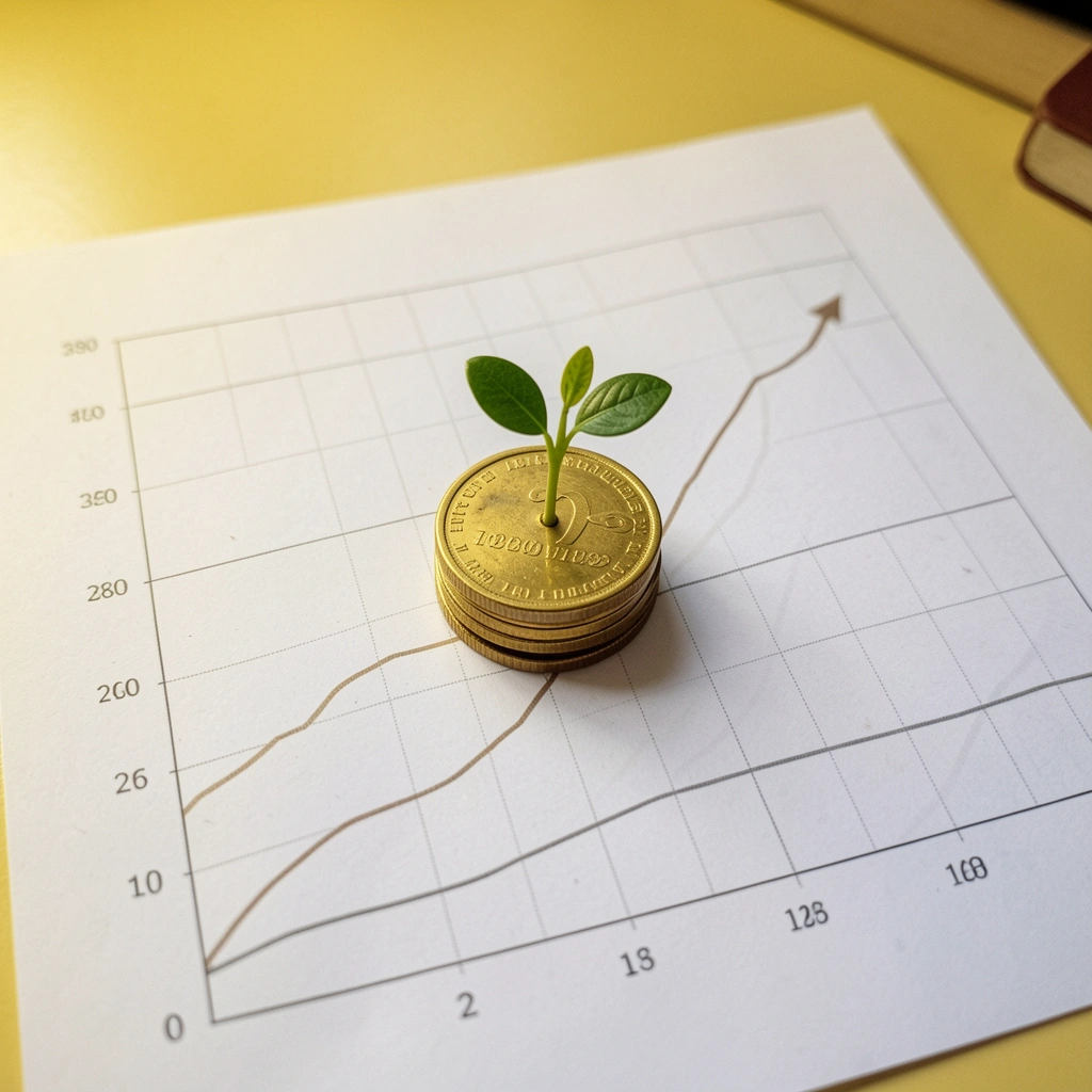Moedas empilhadas ao lado de uma planta pequena sobre um gráfico de linhas impresso.