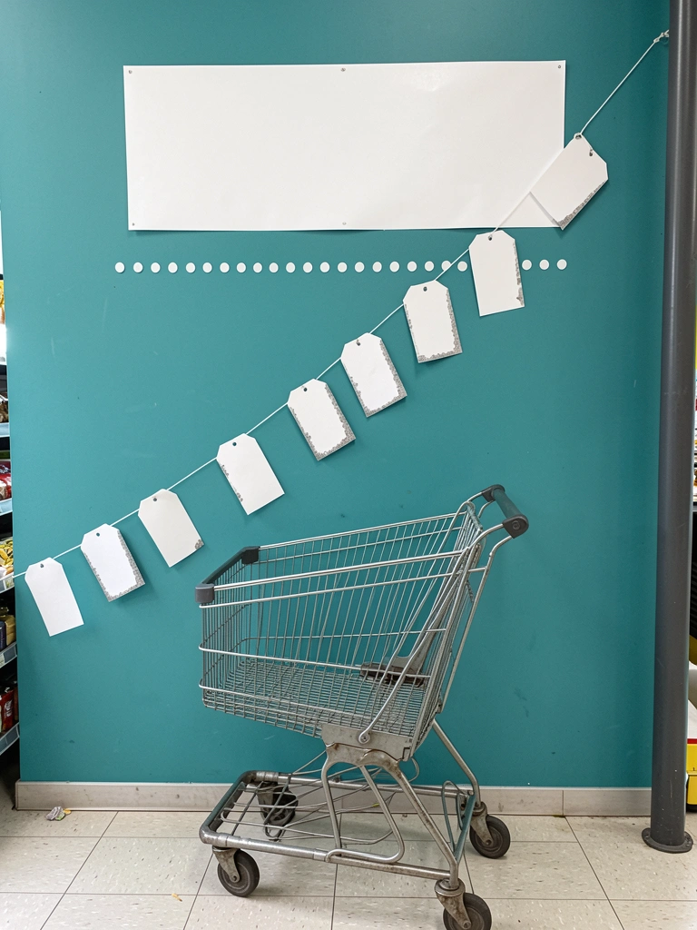 Carrinho de compras de metal com etiquetas de preço presas e uma seta vermelha apontando para cima