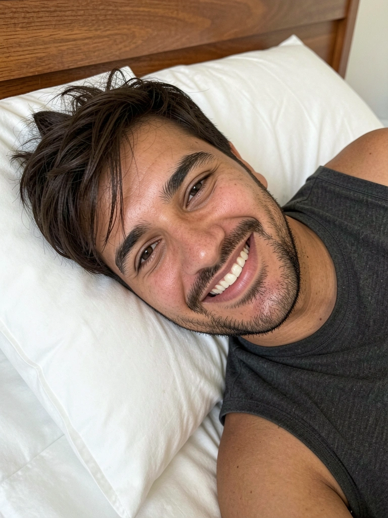 Quarto com cortina blackout fechada, cama de linho branco e abajur aceso sobre criado-mudo de madeira.