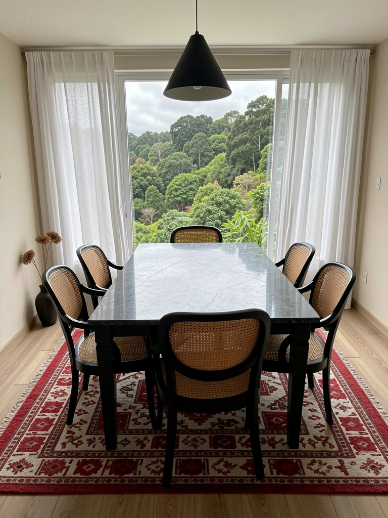 Tapete de fibras naturais sob mesa de jantar de madeira e cadeiras estofadas em sala clara.