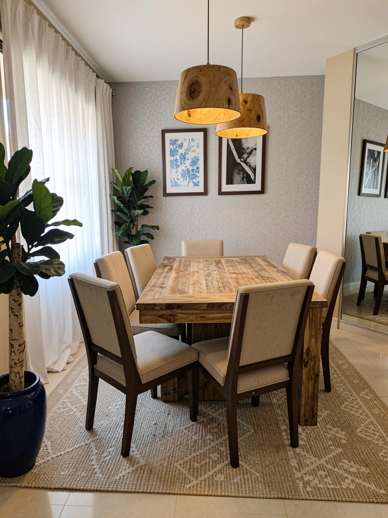 Sala de jantar com mesa de madeira escura, cadeiras estofadas e tapete de fibras naturais sob a mesa.