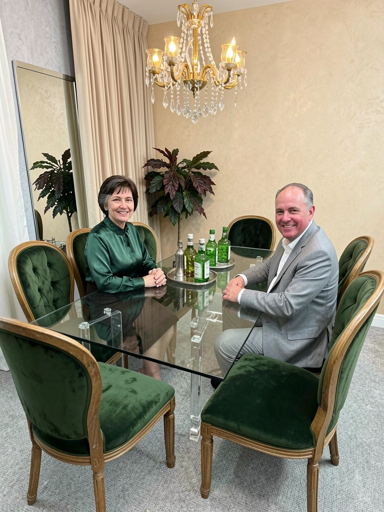 Sala de jantar com mesa de madeira escura, cadeiras estofadas e tapete de padrão geométrico em tons neutros sob a mesa.