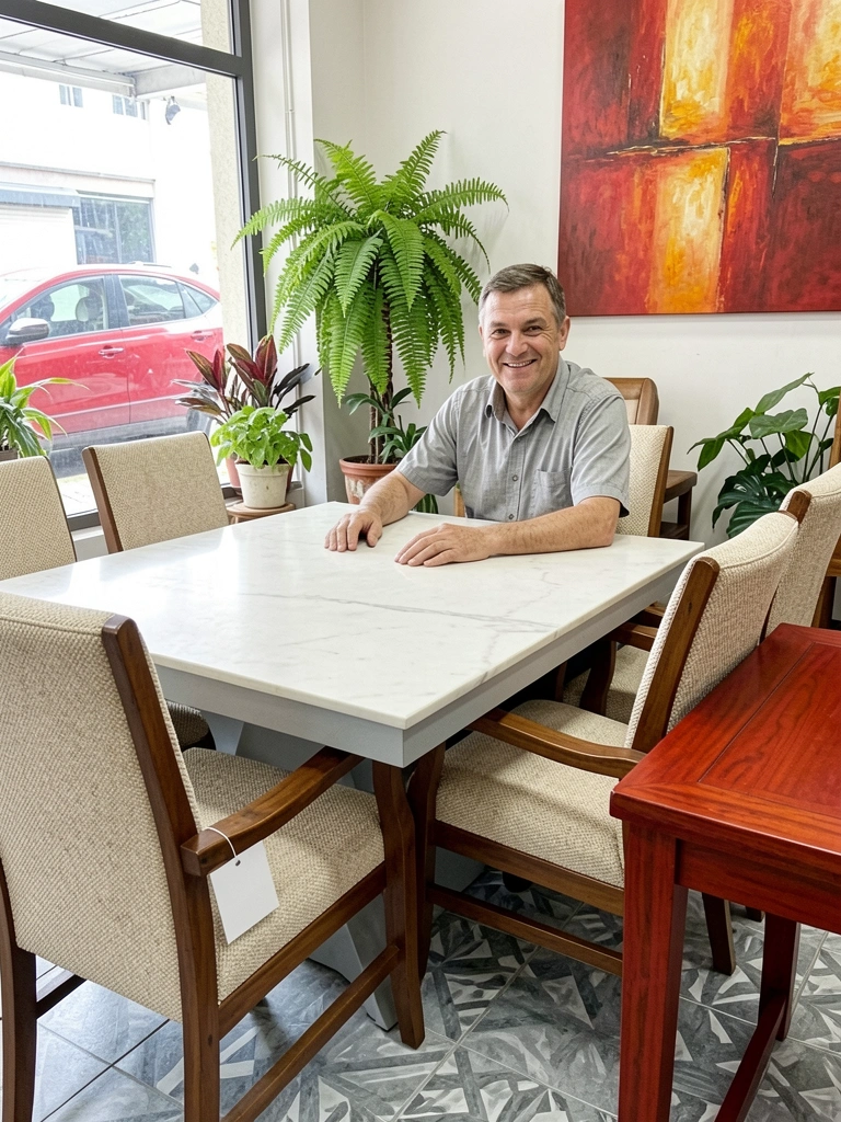 Sala de jantar com mesa de madeira escura, cadeiras estofadas em tom neutro e tapete de fibras naturais sob o conjunto