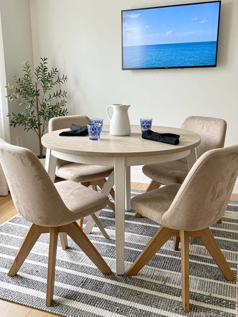 Sala de jantar com mesa de madeira, cadeiras estofadas e tapete de padrão geométrico em tons neutros.