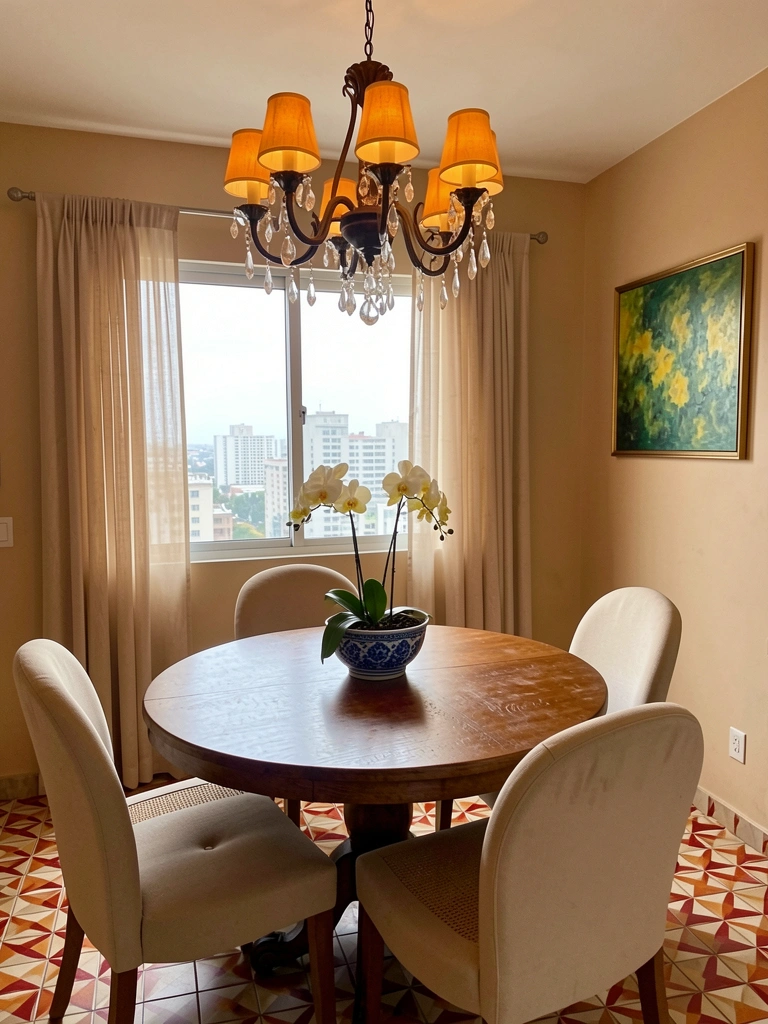 Sala de jantar com mesa de madeira escura, cadeiras estofadas e tapete de fibras naturais sob a mesa.
