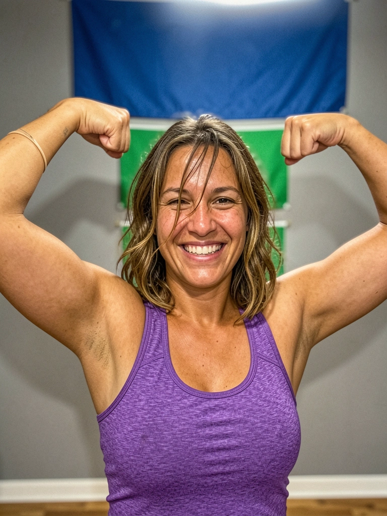Mulher em top esportivo e leggings realizando agachamento com halteres na sala de casa, colchonete no chão e luz natural vinda da janela ao fundo.