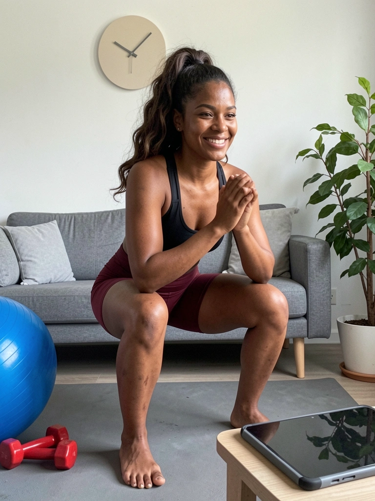Mulher fazendo agachamento com halteres na sala de casa, tapete de yoga ao fundo e luz natural vinda da janela.