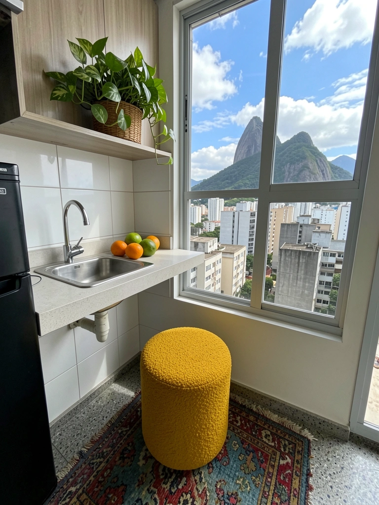 Varanda com churrasqueira de alvenaria, bancada de pedra e mesa de madeira sob pergolado.